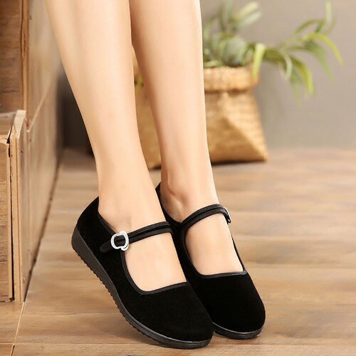 Factory Dropshipping Old Beijing Cloth Shoes Women's Flat Black With Belt For Hotel Work Etiquette Dance Black Cloth Shoes