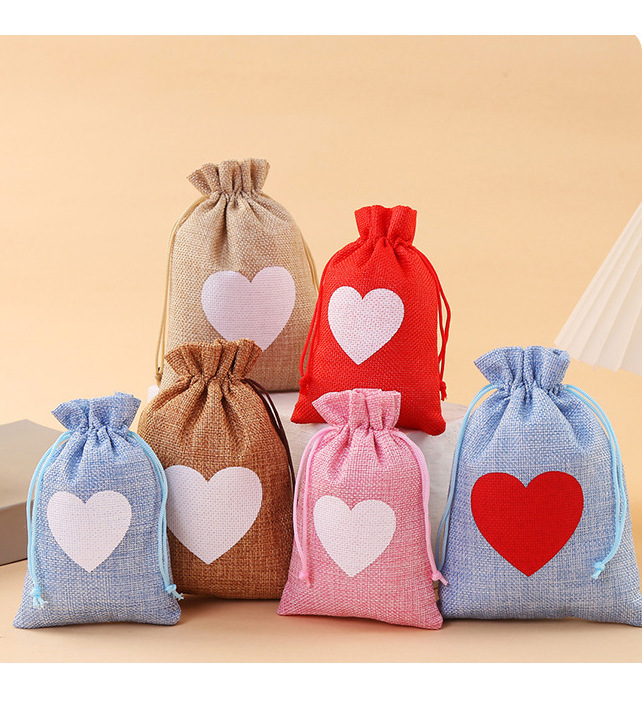 Bolsa de lazo de lino amor rojo Día de San Valentín boda caramelo regalo embalaje bolsa de cordón bolso de lazo al por mayor