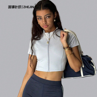 [Zhejiang Jin] Cross-Border European and American Sports Yoga Short-Sleeved Stand-Up Collar Adjustable Zipper Jacket Fitness Running Short Top