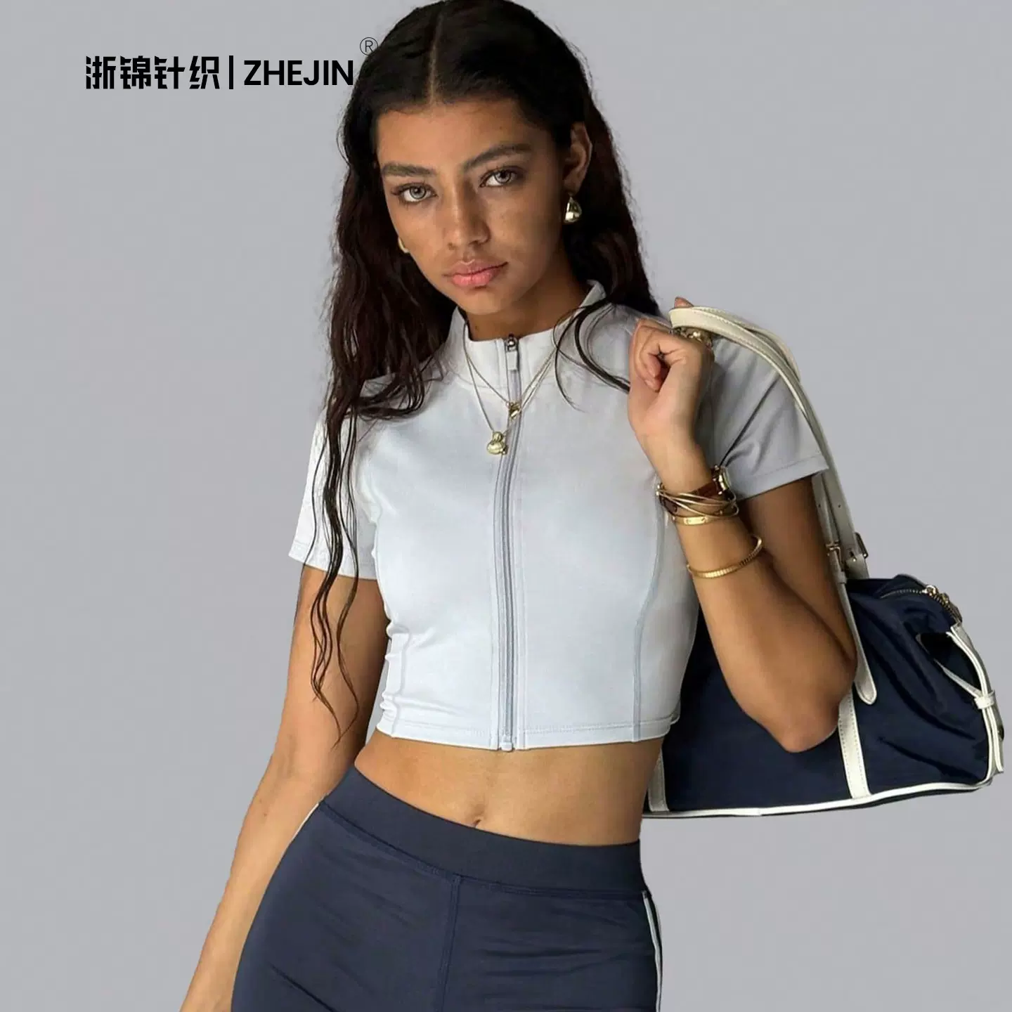 【浙锦】跨境欧美运动瑜伽短袖立领可调节拉链夹克健身跑步短上衣