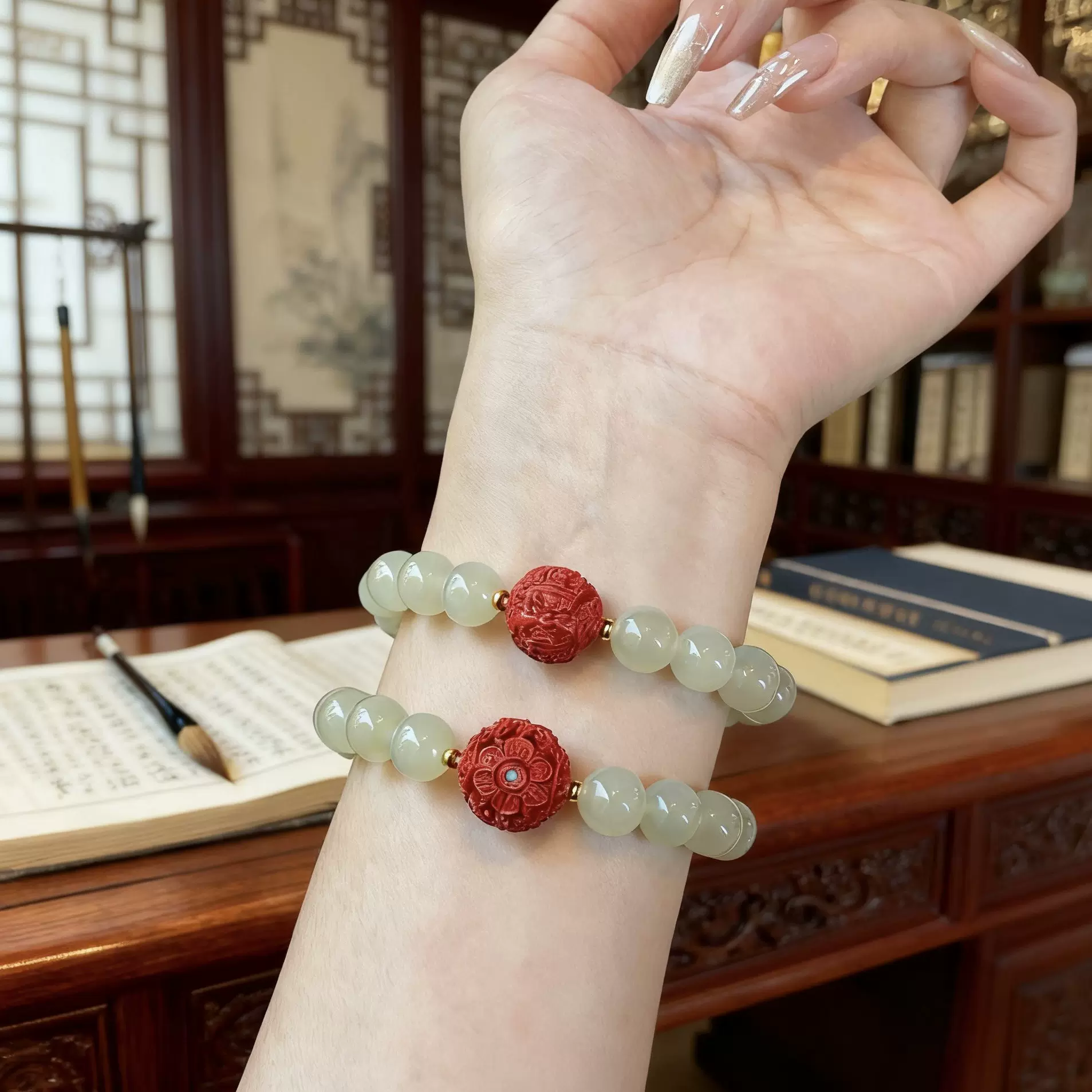 雏灵中国风天然和田玉白玉手链沉香朱砂diy手链小红薯爆款手链