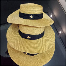 夏季欧美小蜜蜂金丝编织草帽女复古沙滩大沿遮阳帽金色平顶小礼帽