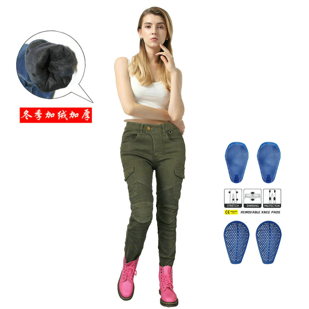 Ventas directas de la fábrica VOLERO ejército verde casual pantalones de la motocicleta forrados de lana pantalones vaqueros de la motocicleta equipo de protección de silicona de las mujeres