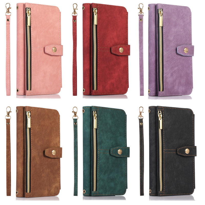 Suitable for iphone16SE zipper wallet leather case 11/12promax card change storage lanyard protective case
