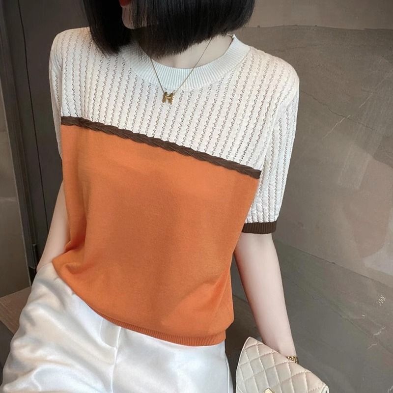 Fashionable High-End Hollow-Out Jacquard Color-Block Short-Sleeve Knit Top for Women, Summer Wear, Youthful Design, Round Neck, Thin Top, Trendy