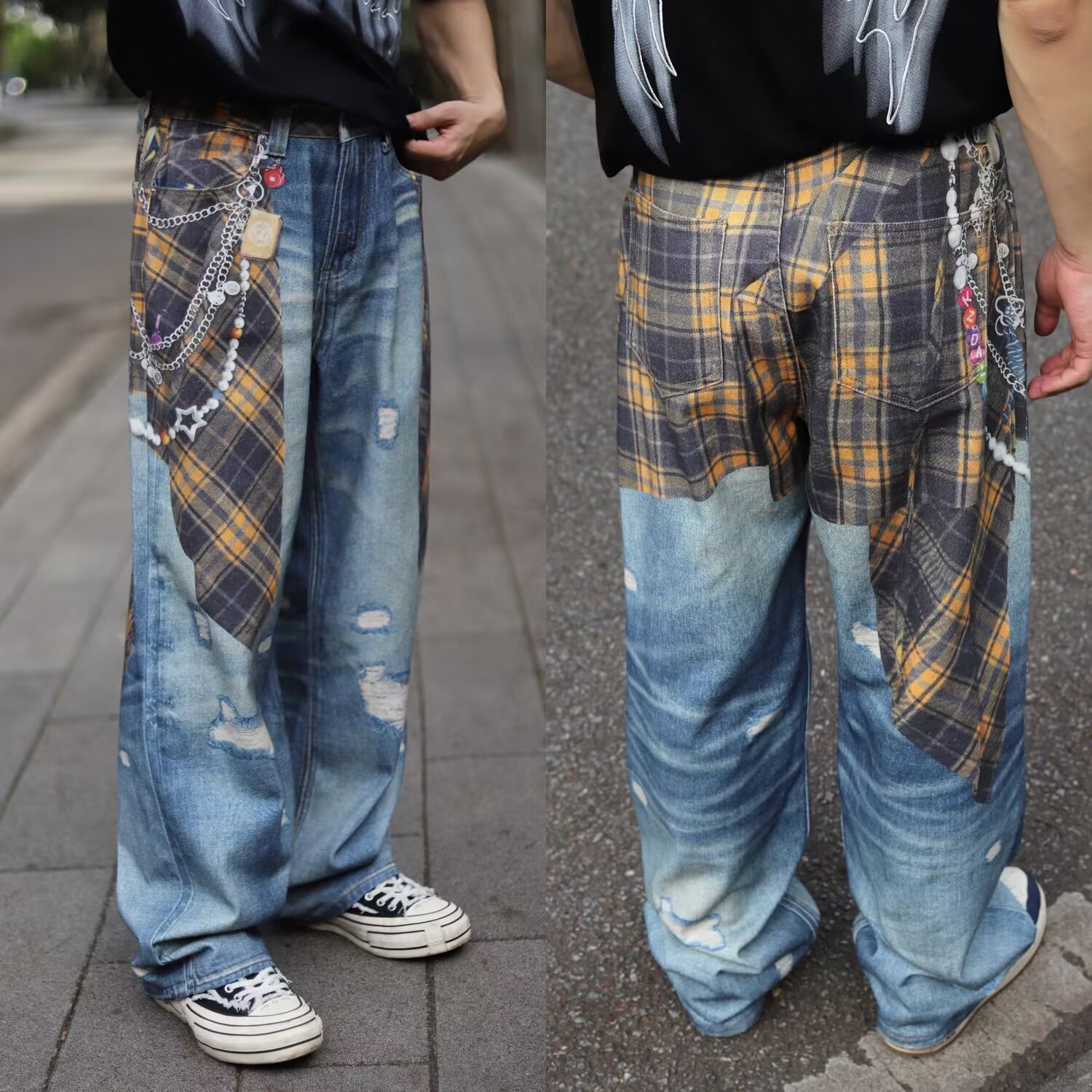 Herren Jeans Im Retro Patchwork Design Mit Geradem Beinverlauf_voghion.com