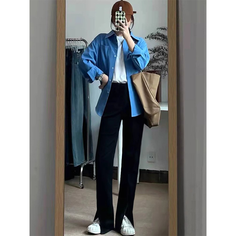 Corea delantera horquilla estrecha pantalones de piernas anchas mujeres pequeñas primavera y otoño recto negro cintura alta sensación de invierno pantalones de traje de invierno