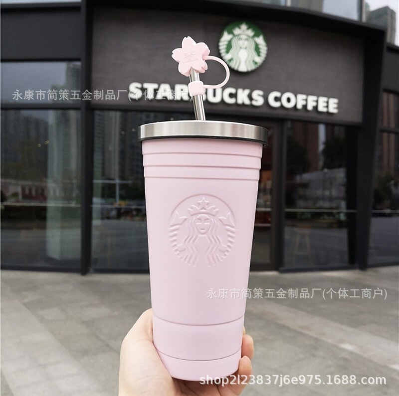 Foreign Trade Hot-Selling Stainless Steel 304 Thermos Cup 16oz High-Looking Desktop Straw Cup Student Couple Gift Cup