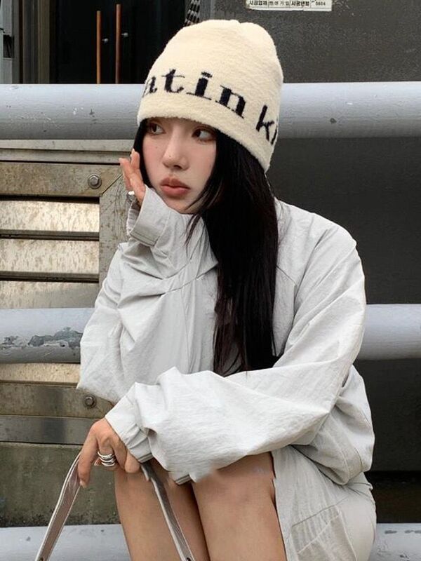 matink 韓国帽子ウール帽子秋と冬ニットストリートファッションクールな女の子大きな頭囲顔小さなトレンディな防寒帽子|undefined