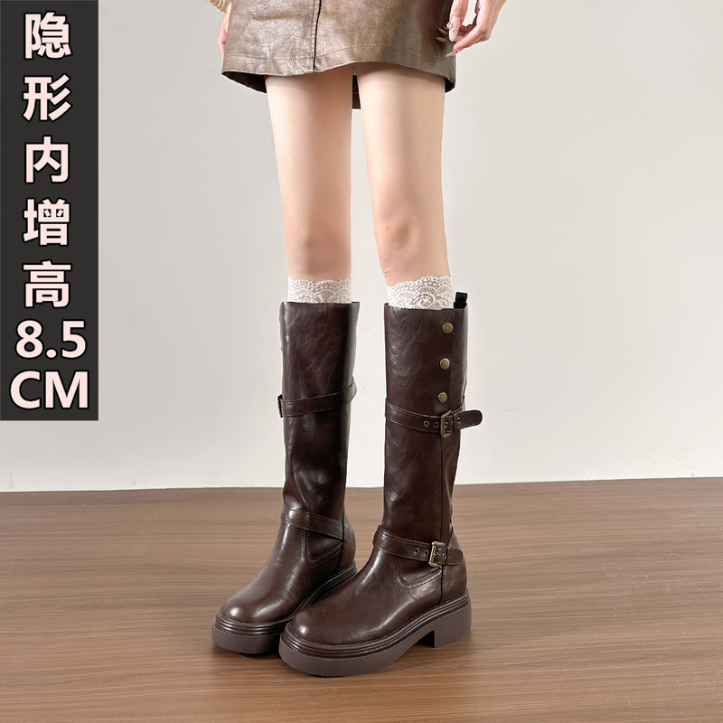 长筒靴子女靴秋冬内增高不过膝后拉链厚底小个子高筒骑士靴女长靴|undefined