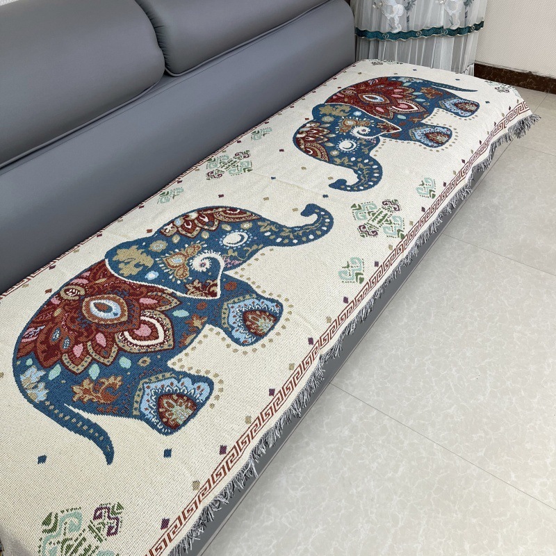 新しい象四季麻織りタッセルソファタオルストレートレトロスタイル両面ソファキャンプ滑り止めマット|undefined