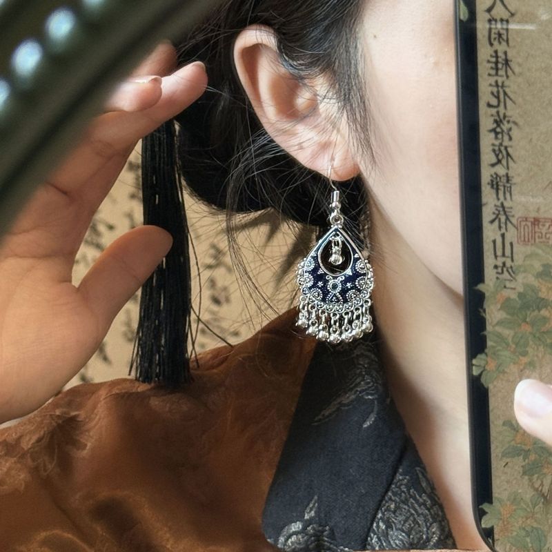 波西米亚民族风流苏珐琅滴油耳钉长款铃铛流苏复古异域风情女耳环|undefined