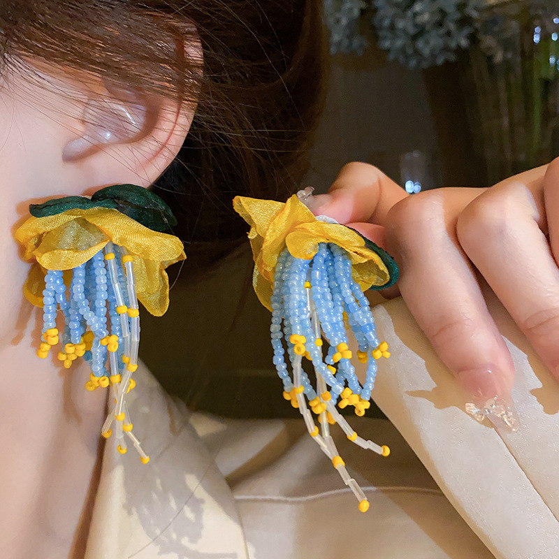 Mixed materials Material 1 Pair Elegant Sweet Flower Tassel Mixed Materials Earrings