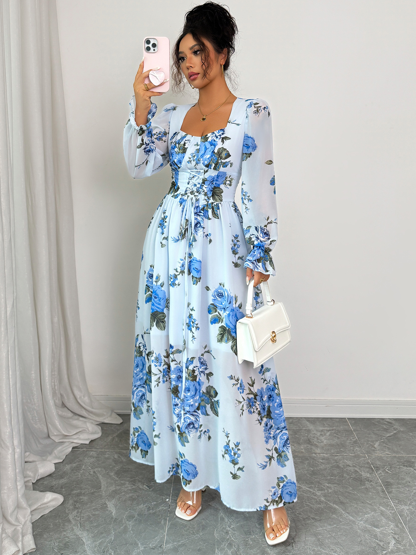 Women's Elegant Simple Printed Long Sleeve Dress Ruffled Trim Autumn Winter Fashion Offering Both Style And Comfort_ecoleips.com