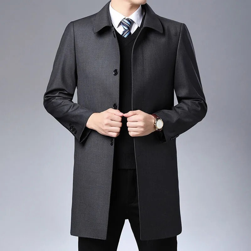 Middle-aged and elderly trench coat men's mid-length spring and autumn plus size thin men's business casual autumn coat Plaid cloak men