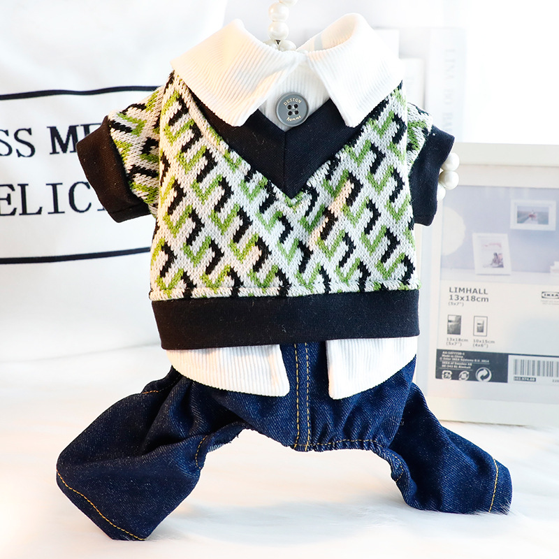 狗狗衣服春秋装针织假两件四脚裤套装休闲牛仔小型犬泰迪宠物4828