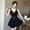 Sexy low cut elastic waistband large hem bottom vest dress