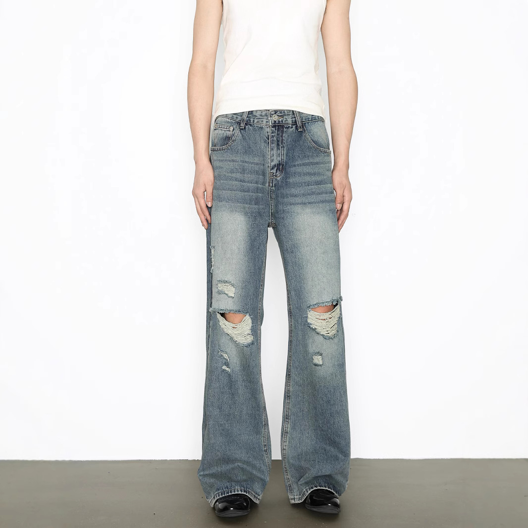 Men's High-Street Vintage Washed Denim Jeans – Distressed Straight To Bootcut Fit_voghion.com