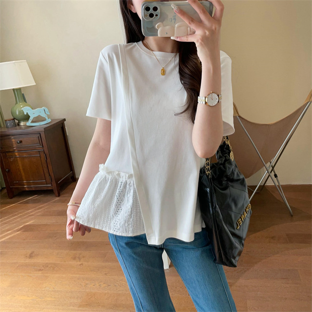 Design sense: Unconventional irregular hollowed-out embroidery patchwork hem, loose short-sleeved T-shirt for women, Spring/Summer 2025 G032206 pic 23