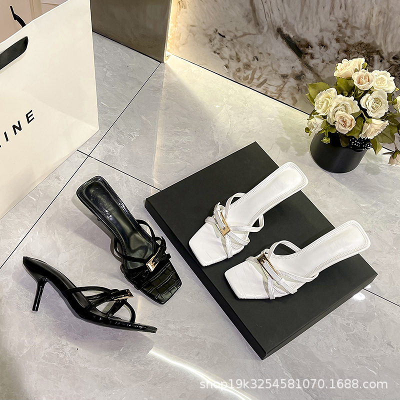 Women's High-heeled Shoes with Stone Pattern Black Patent Leather and Golden Square Buckle Open Toe All-match Sandals with Square Toe for Outer Wear