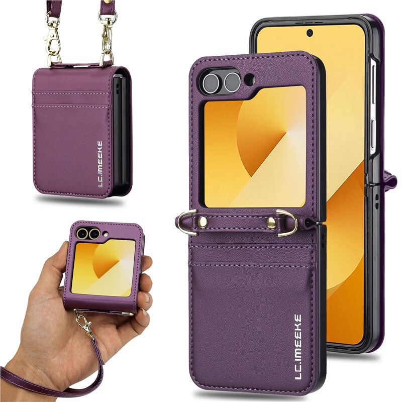 Suitable for Samsung Z Flip7/6 Mobile Phone Leather Case Crossbody Strap Mobile Phone Case Z Flip5 Card Flip Cover 70% off Stack 4