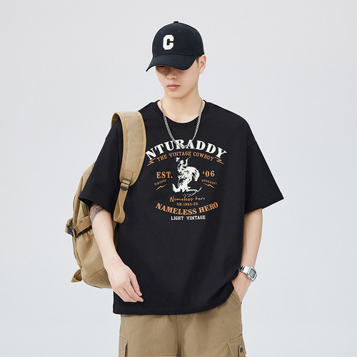 Summer pure cotton loose short sleeve t-shirt for men, American minimalist versatile trendy brand Ins round neck top base t-shirt