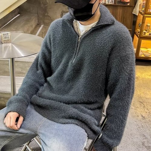 Men's Semi-Zip High Collar Knit Sweater - Cleanfit Retro Fox Fur Loose Soft Wool Hooded Knit Top