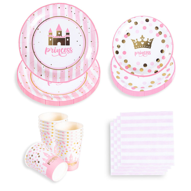 Disposable Paper Plate Bronzing Pink Castle Dinner Plate Birthday Cake Plate Party Dim Pot Plate Decorative Plate Picnic Spring outing