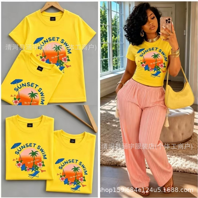 BasicTops Women's Slim-Fit Summer European and American Cross-Border Ribbed Cotton T-Shirt with Yellow Cartoon Print Basic Top T-Shirt BasicTops Women's Slim-Fit Summer European and American Cross-Border Ribbed Cotton T-Shirt with Yellow Cartoon Print Basic Top T-Shirt