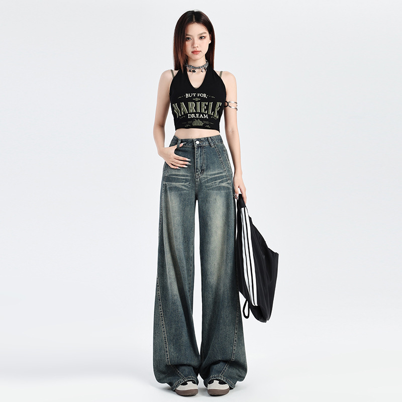 향수를 불러 일으키는 스트레이트 레그 청바지 여성의 봄과 가을 2024 새로운 높은 허리 레트로 느슨한 스파이스 소녀 작은 넓은 다리 바지