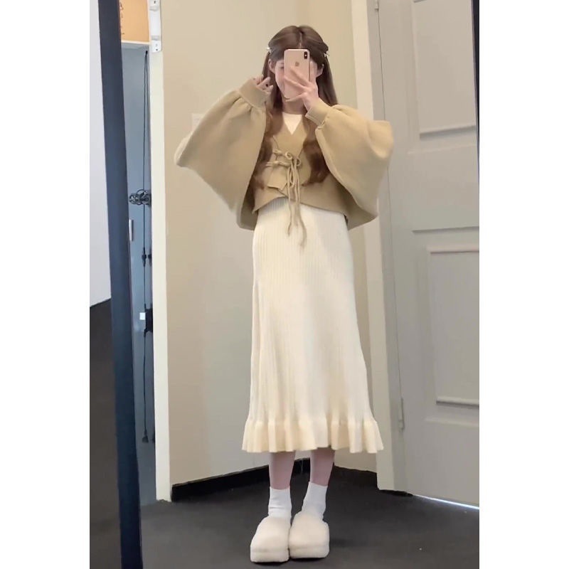 (2개) 플러스 사이즈 여성의 가을과 겨울 세트 여성의 2023 새로운 사교계 바람 튀긴 거리 중국 블라우스 원피스 투피스 세트