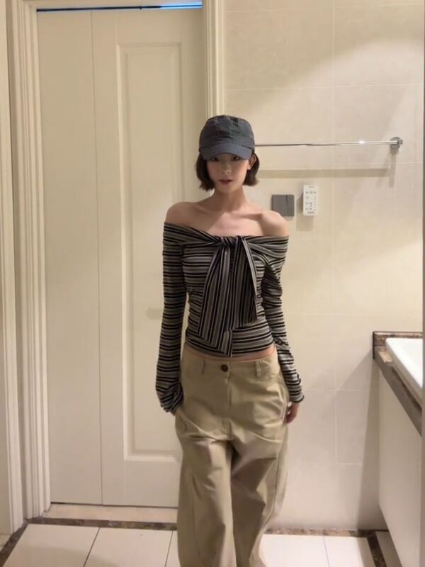 法式复古一字肩优雅条纹长袖t恤女早秋休闲百搭修身气质显瘦上衣|undefined