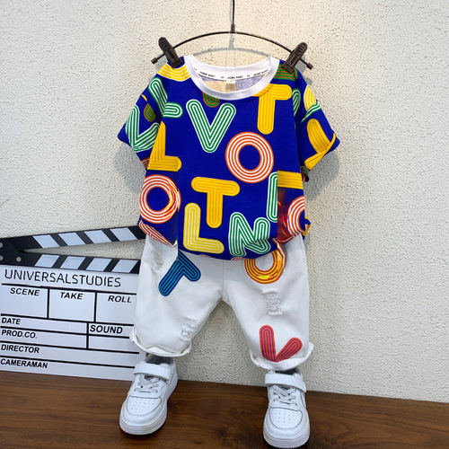 Children's Summer Sport Set, Stylish, Thin Short-Sleeve Two-Piece Set 2024 New Summer Korean Version Trendy Clothes