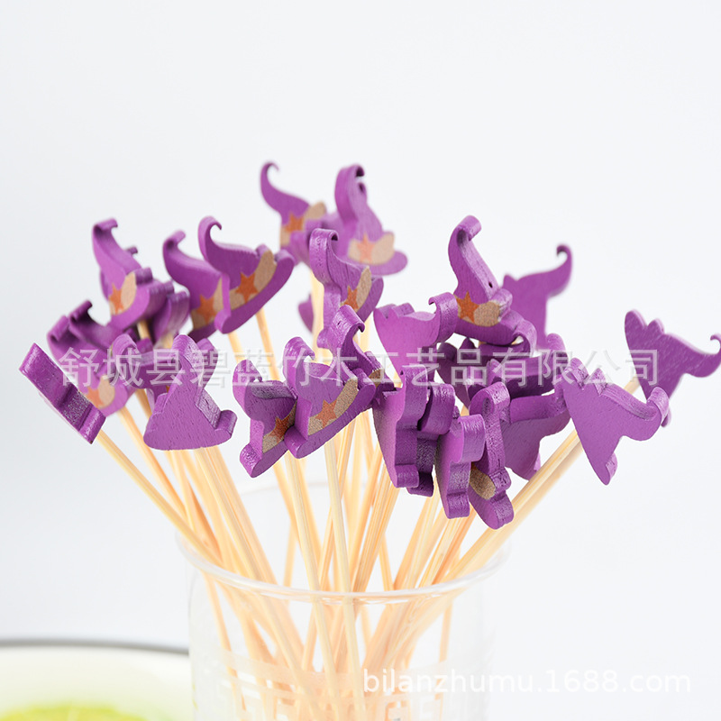 Creativo desechable gorra de bruja palillos de frutas palillos de dientes de dibujos animados palillos de frutas palillos de dientes artísticos palillos de bambú al por mayor