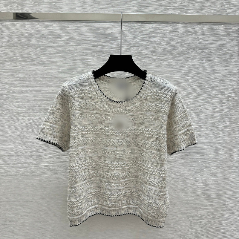 High-End Chanel-Style Ch Brand 26 Early Autumn New Simple Color-Blocking Letter Round-Neck Short-Sleeve Knit Top Women's Clothing High-End Chanel-Style Ch Brand 26 Early Autumn New Simple Color-Blocking Letter Round-Neck Short-Sleeve Knit Top Women's Clothing