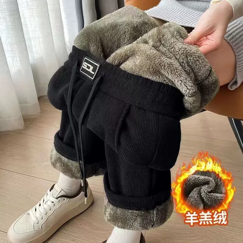 跨境超厚加绒加厚阔腿裤女秋冬新款东北ins休闲宽松显高直筒裤子