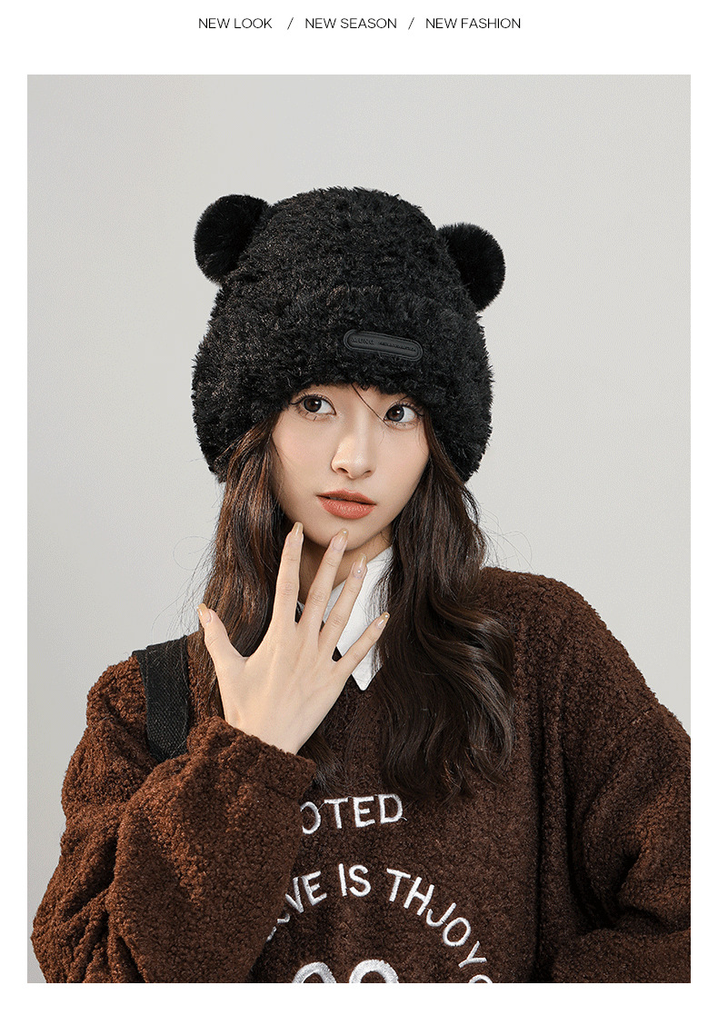 Herbst- und Wintermützen für Damen, süße Fleece-Wintermütze, verdickter warmer Gesichtshut, kleine kältebeständige Plüsch-Strickmütze aus Wolle_voghion.com