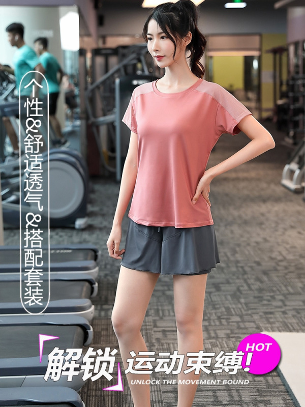速干健身服套装女夏季薄款宽松上衣健身房运动T恤假两件瑜伽裙裤|undefined