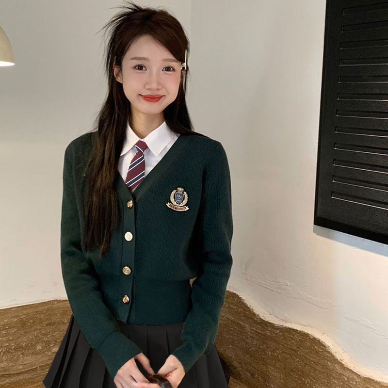 学院风短款红色针织开衫毛衣外套女秋冬季甜美高级复古感慵懒上衣|undefined