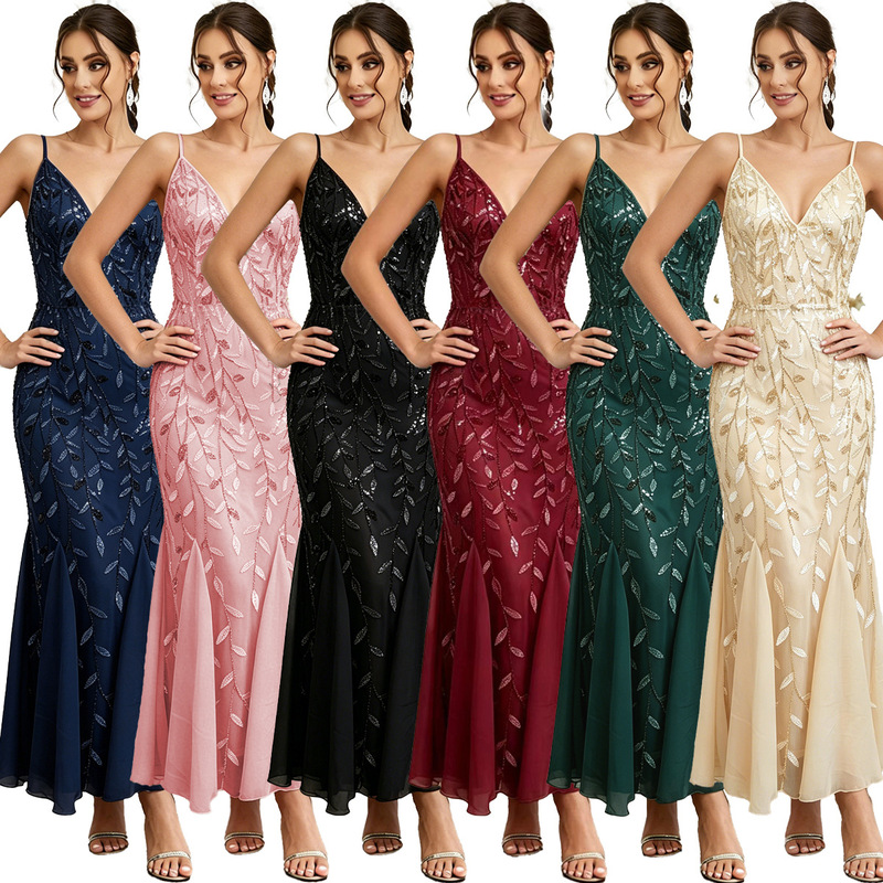 In-stock European and American new women's fashion deep V-neck strap dress chiffon spliced elegant sequin dress 9713 In-stock European and American new women's fashion deep V-neck strap dress chiffon spliced elegant sequin dress 9713
