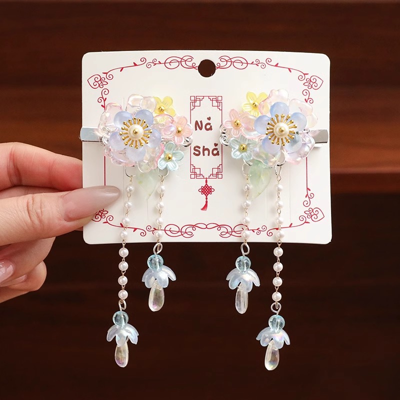 Horquilla de los niños estilo antiguo hanfu tocado lindo perla flor borla clip bebé cinta accesorios para el cabello