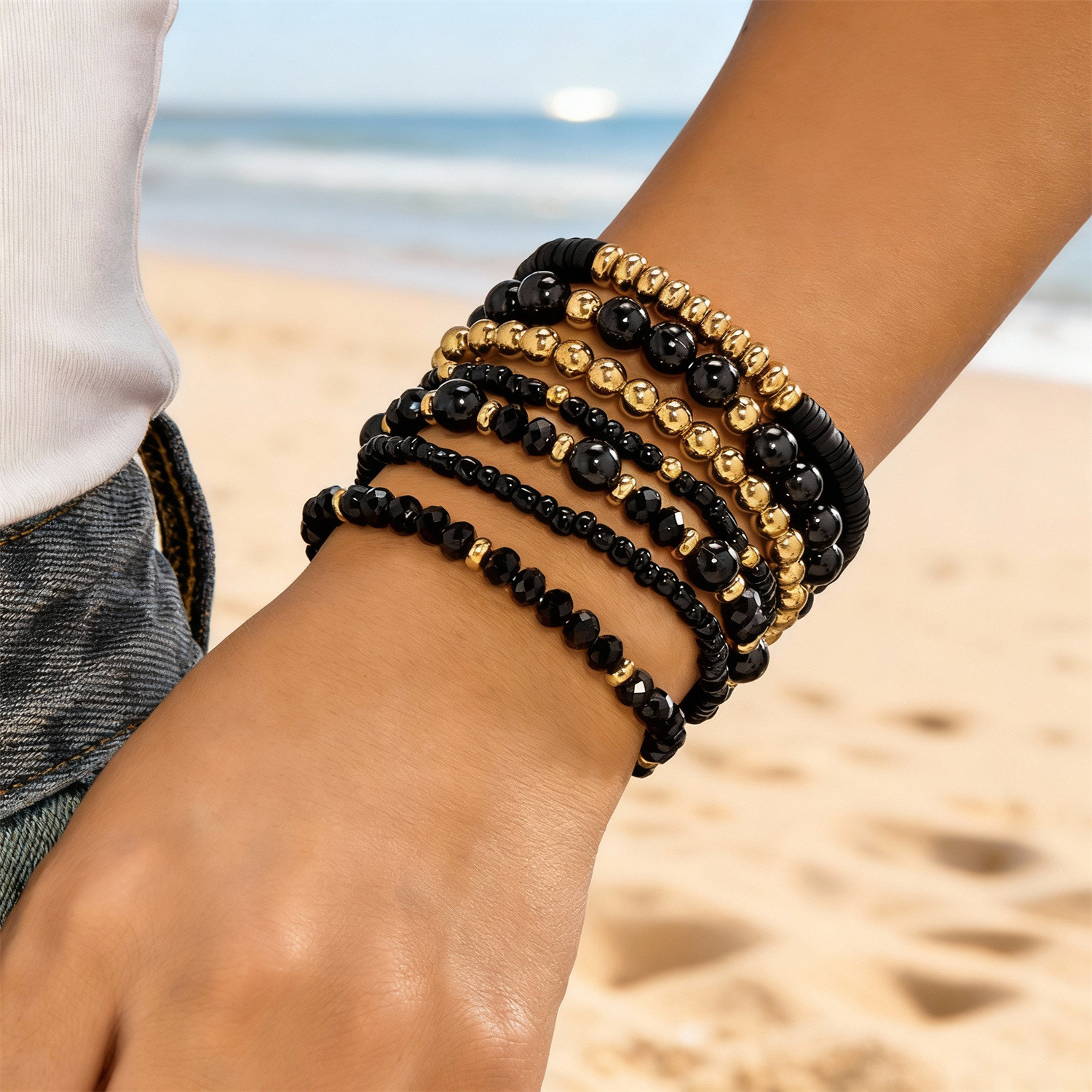 Europa y América de moda bohemia creativa playa multicapa para usar cuentas de vidrio hechas a mano al por mayor pulseras