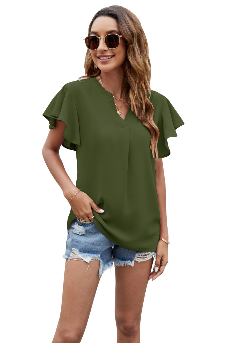 Dames chiffon shirt met V-hals, vliegende mouwen en korte mouwen, effen kleur tops_voghion.com