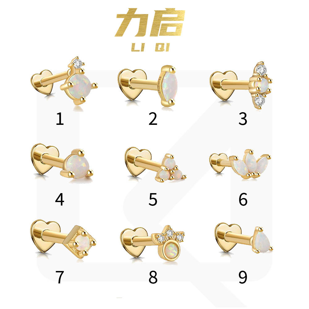 S925 plata esterlina ópalo diamante incrustado en forma de corazón hilo piercing oído hueso Stud Europea y Americana Venta caliente de alta calidad pendientes