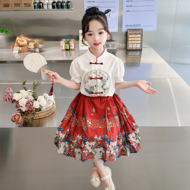 Stile estivo per ragazze 2024 Zhongda Nuovo stile cinese Gonna con faccia di cavallo Bambini Hanfu Due pezzi Set per donne_voghion.com