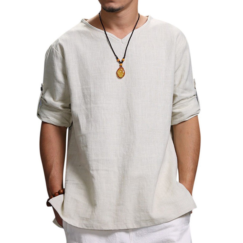 Men's Solid Color Simple Style V Neck 3/4 Length Sleeve Loose Men's Tops display picture 3