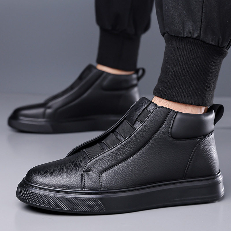 Giày sneaker nam phối da, dây chun co giãn không dây buộc, chống trượt, kiểu lười xỏ chân — Màu trắng, màu đen