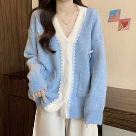 大码浅蓝色加厚领中长款毛衣外套女秋冬胖慵懒风针织开衫上衣常规