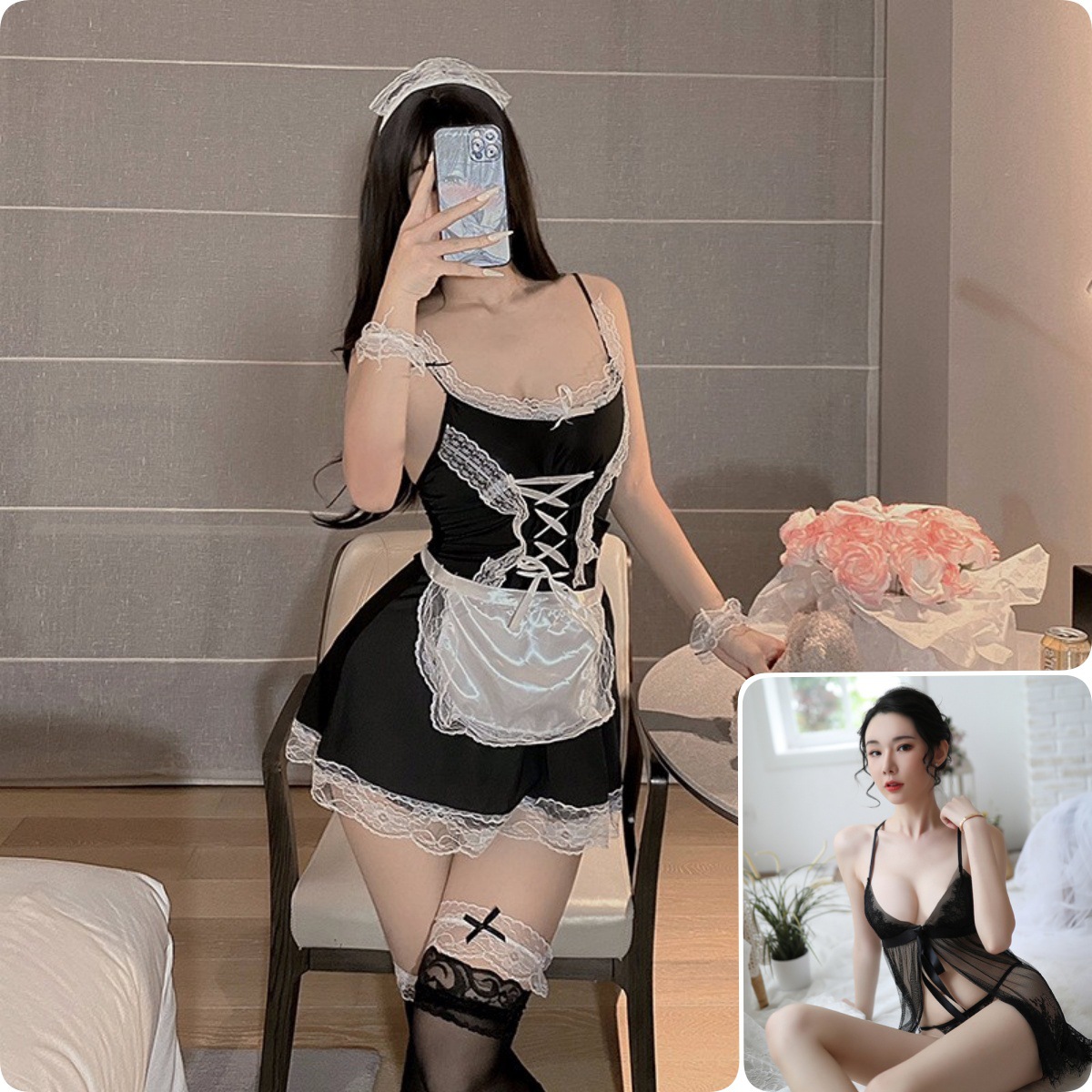 [달콤한 2종] 레이스 슬릿 나이트가운 + 스윗 메이드복, 모델과 동일한 양말 증정