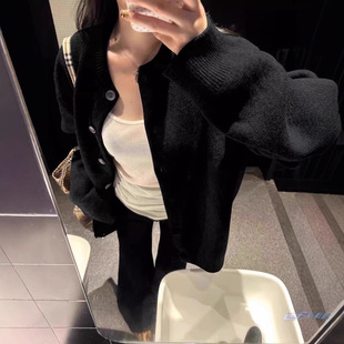 Black Knitted Cardigan Women's Autumn Loose Lazy Style Casual High-end Spring and Autumn Outer Sweater Coat Winter Top